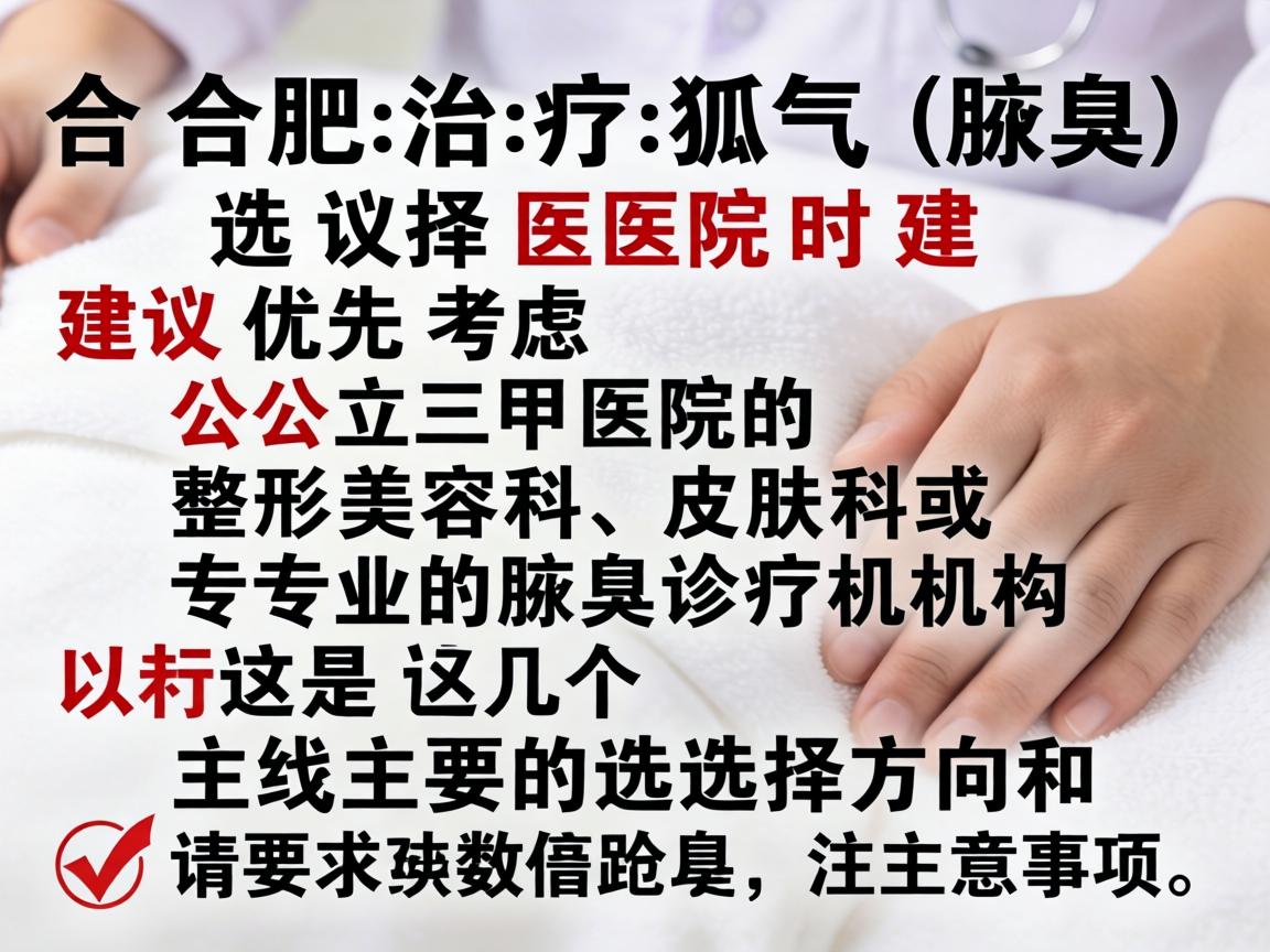 在合肥治疗狐臭（腋臭）选择医院时建议优先考虑公立三甲医院的整形美容科、皮肤科或专业的腋臭诊疗机构。以下是几个主要的选择方向和注意事项