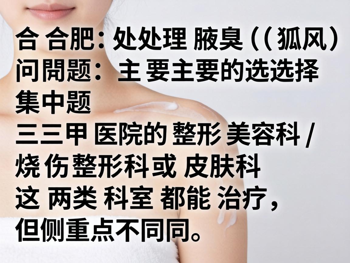 在合肥，处理腋臭（狐臭）问题，主要的选择集中在三甲医院的整形美容科/烧伤整形科或皮肤科。这两类科室都能治疗，但侧重点不同