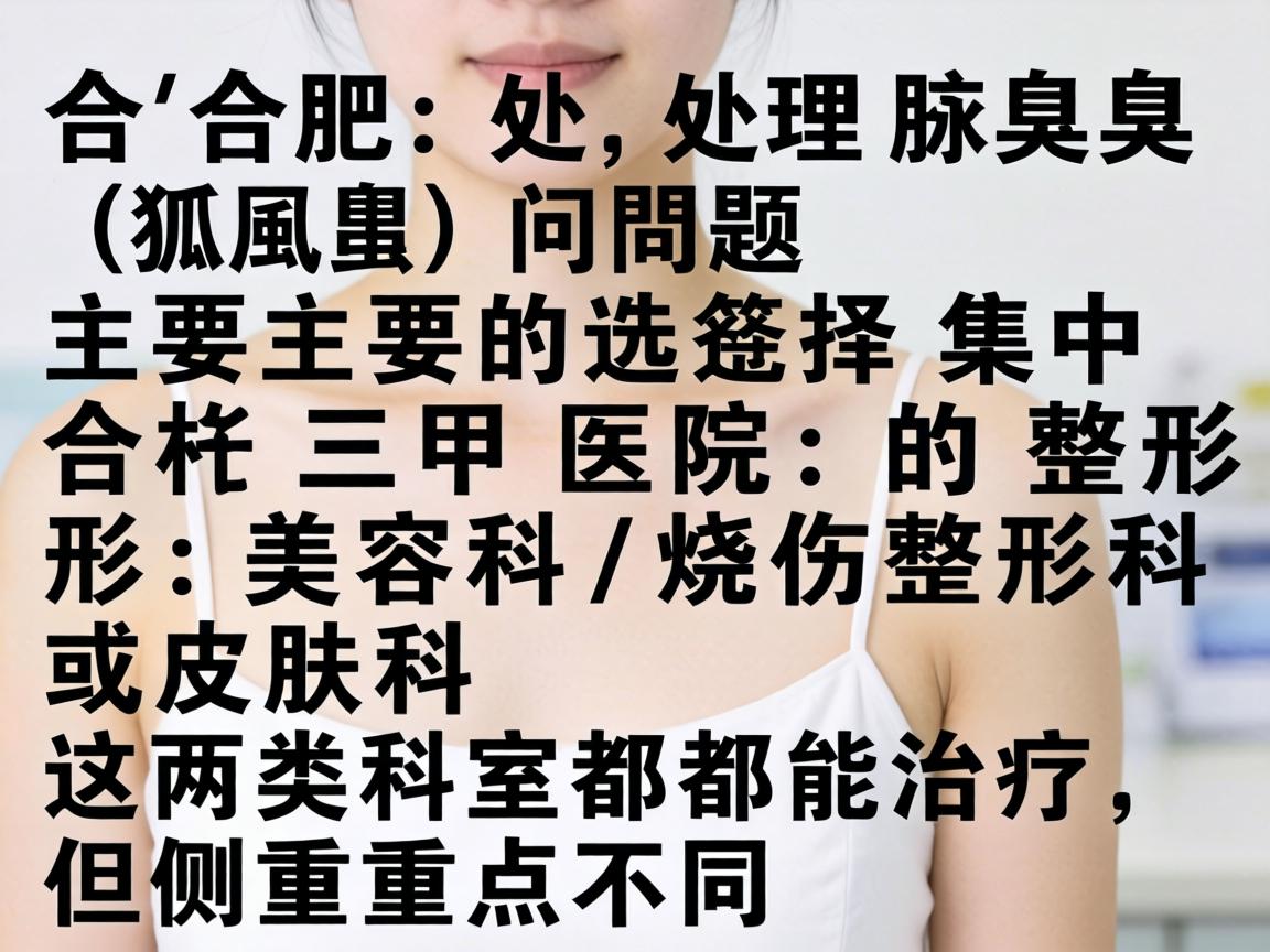 在合肥，处理腋臭（狐臭）问题，主要的选择集中在三甲医院的整形美容科/烧伤整形科或皮肤科。这两类科室都能治疗，但侧重点不同