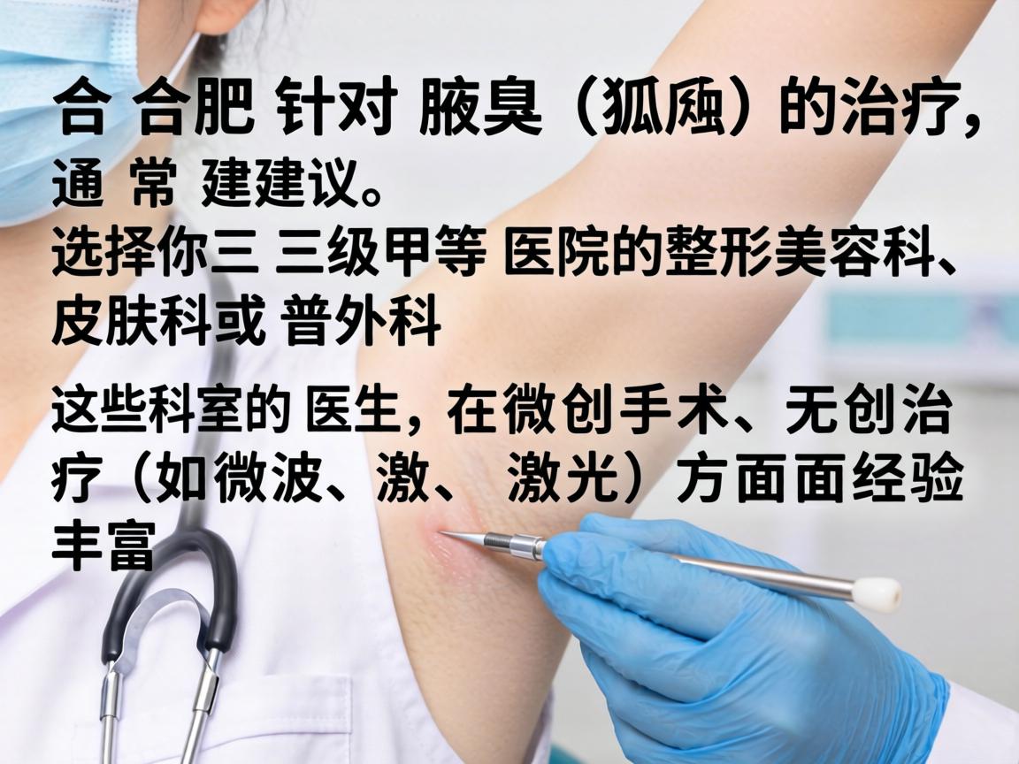 在合肥，针对腋臭（狐臭）的治疗，通常建议选择三级甲等医院的整形美容科、皮肤科或普外科。这些科室的医生在微创手术、无创治疗（如微波、激光）方面经验丰富