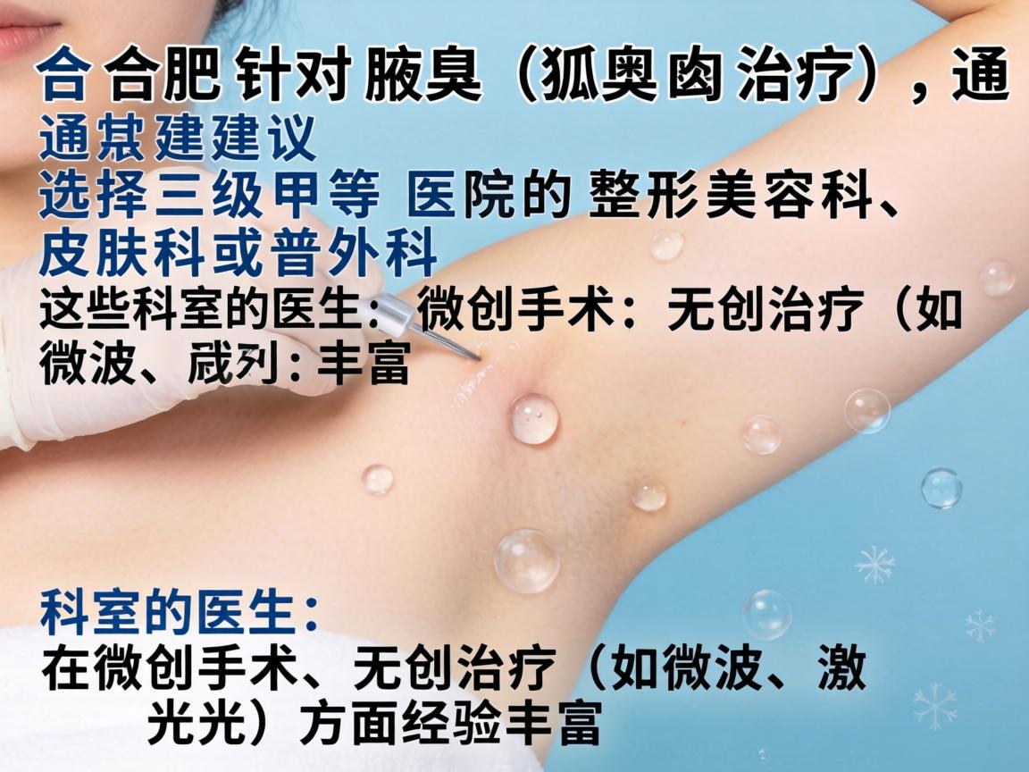 在合肥，针对腋臭（狐臭）的治疗，通常建议选择三级甲等医院的整形美容科、皮肤科或普外科。这些科室的医生在微创手术、无创治疗（如微波、激光）方面经验丰富