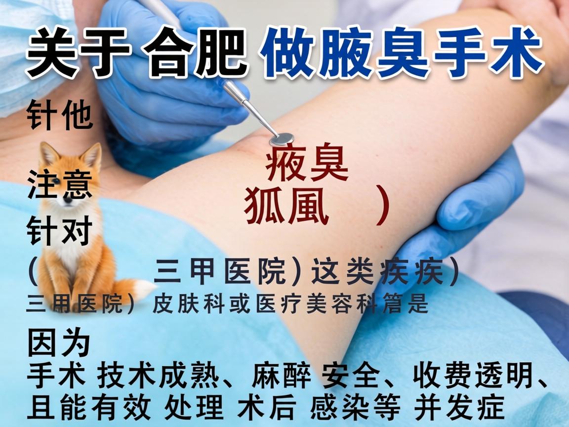 关于合肥做腋臭手术的医院选择，这是一个很具体的医疗需求。需要注意，针对腋臭（狐臭）这类疾病，三甲医院的皮肤科或医疗美容科是首选，因为手术技术成熟、麻醉安全、收费透明，且能有效处理术后感染等并发症