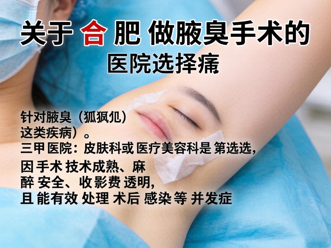关于合肥做腋臭手术的医院选择，这是一个很具体的医疗需求。需要注意，针对腋臭（狐臭）这类疾病，三甲医院的皮肤科或医疗美容科是首选，因为手术技术成熟、麻醉安全、收费透明，且能有效处理术后感染等并发症