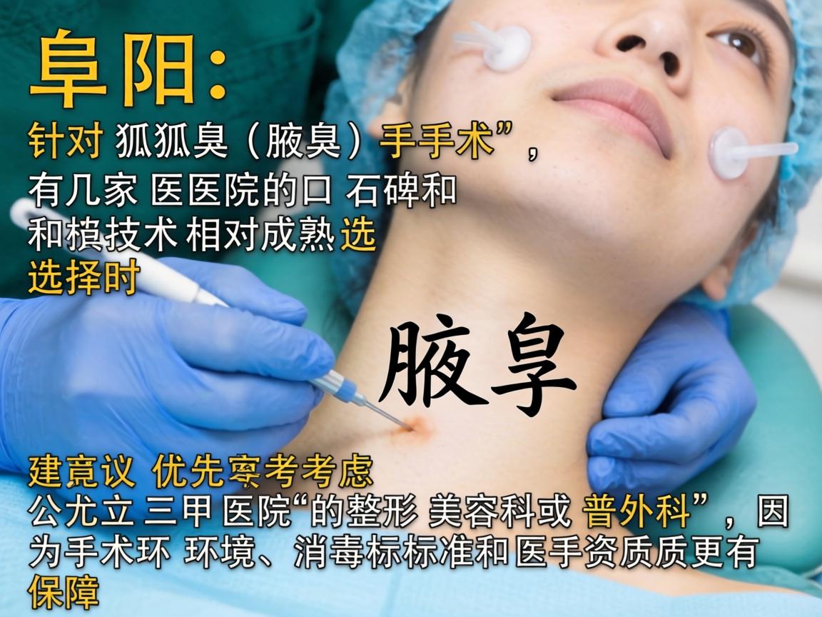 在阜阳，针对狐臭（腋臭）手术，有几家医院的口碑和技术相对成熟。选择时建议优先考虑公立三甲医院的整形美容科或普外科，因为手术环境、消毒标准和医生资质更有保障