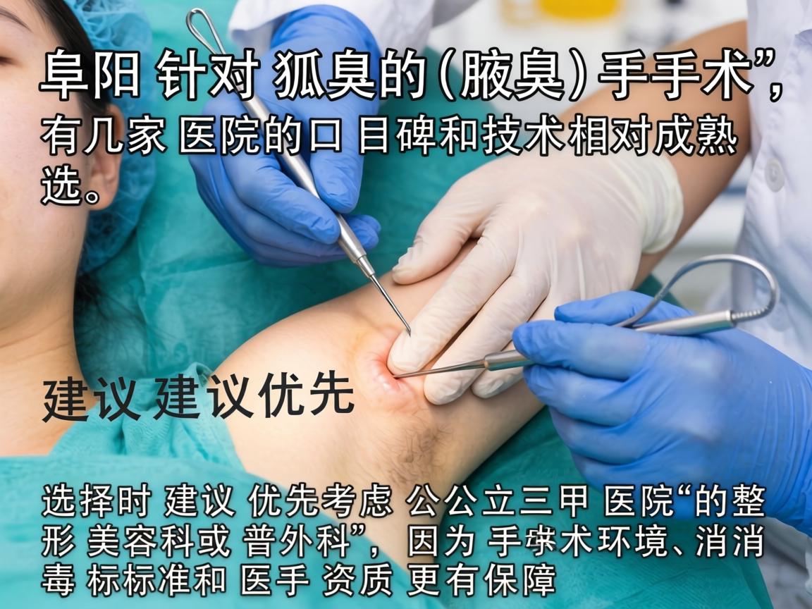 在阜阳，针对狐臭（腋臭）手术，有几家医院的口碑和技术相对成熟。选择时建议优先考虑公立三甲医院的整形美容科或普外科，因为手术环境、消毒标准和医生资质更有保障