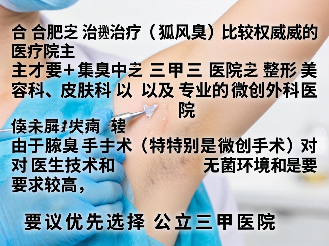 在合肥，治疗腋臭（狐臭）比较权威的医院主要集中在三甲医院的整形美容科、皮肤科以及专业的微创外科医院。由于腋臭手术（特别是微创手术）对医生技术和无菌环境要求较高，建议优先选择公立三甲医院
