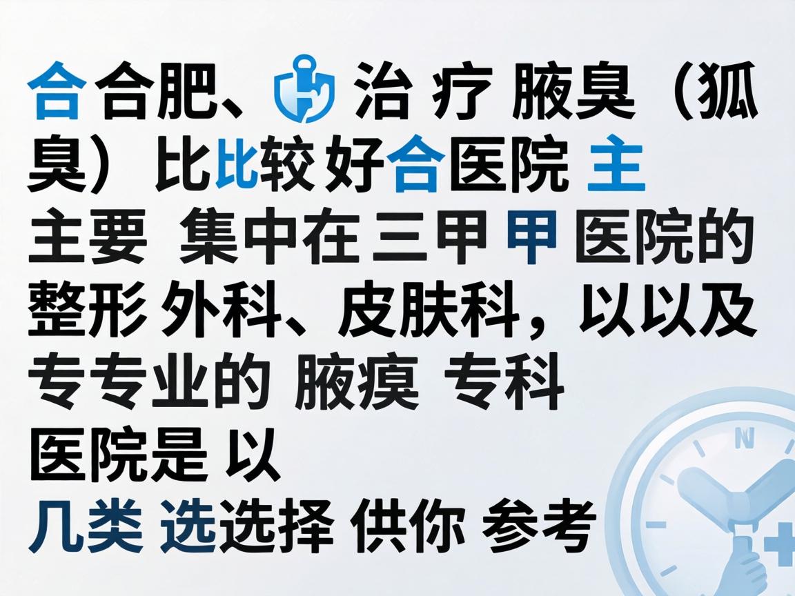 在合肥,治疗腋臭(狐臭)比较好的医院主要集中在三甲医院的整形外科、皮肤科,以及专业的腋臭专科医院。以下是几类选择供你参考 在合肥,治疗腋臭(狐臭)比较好的医院主要集中在三甲医院的整形外科、皮肤科,以及专业的腋臭专科医院。以下是几类选择供你参考