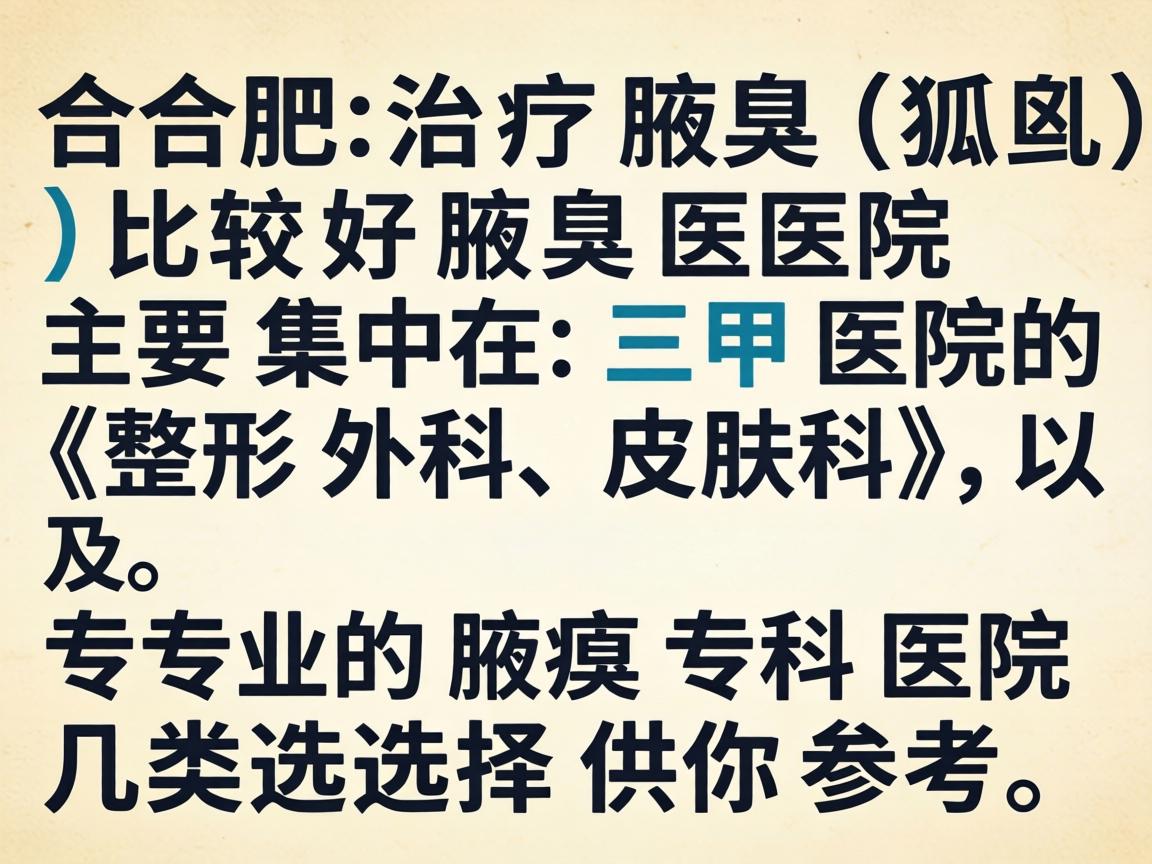 在合肥,治疗腋臭(狐臭)比较好的医院主要集中在三甲医院的整形外科、皮肤科,以及专业的腋臭专科医院。以下是几类选择供你参考 在合肥,治疗腋臭(狐臭)比较好的医院主要集中在三甲医院的整形外科、皮肤科,以及专业的腋臭专科医院。以下是几类选择供你参考