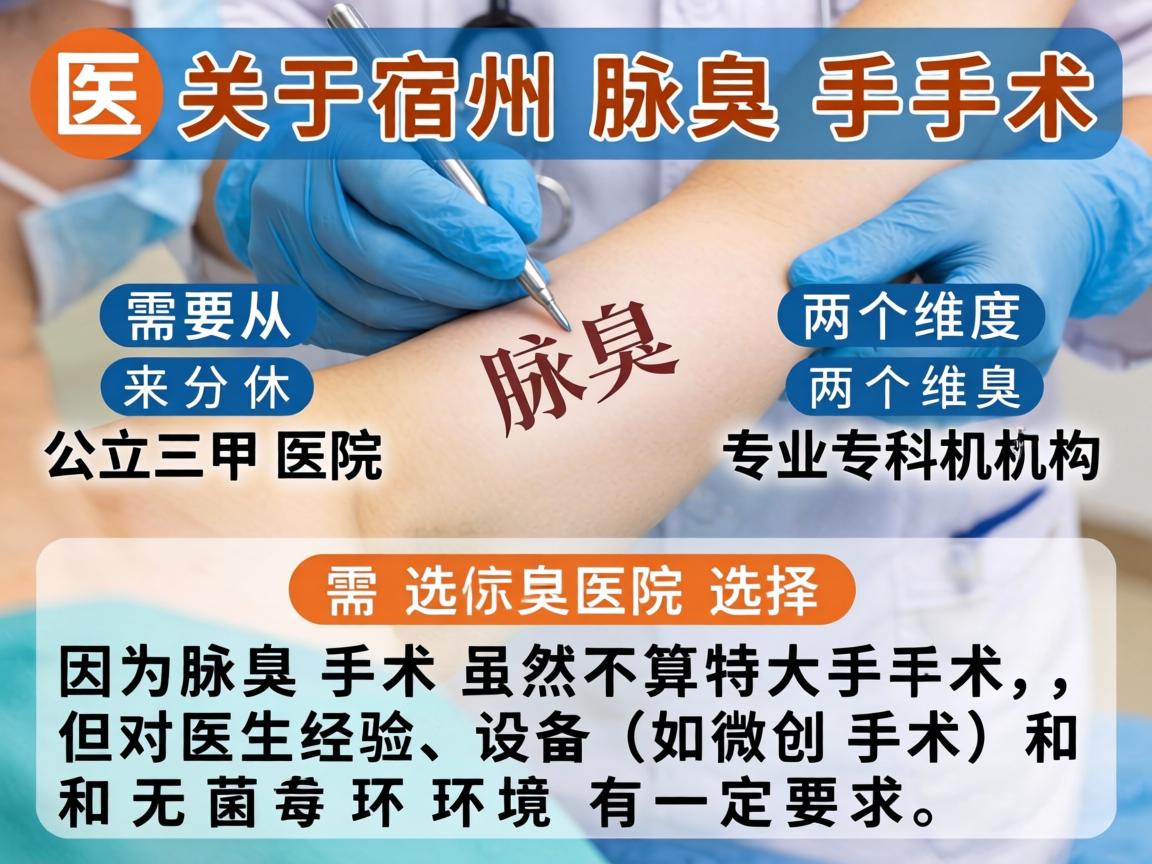 关于宿州腋臭手术的医院选择，需要从公立三甲医院和专业专科机构两个维度来分析，因为腋臭手术虽然不算特大手术，但对医生经验、设备（如微创手术）和无菌环境有一定要求