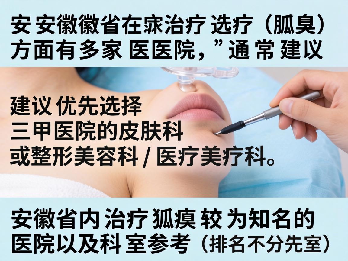 安徽省在治疗狐臭（腋臭）方面有多家医院，通常建议优先选择三甲医院的皮肤科或整形美容科/医疗美容科。以下是安徽省内治疗狐臭较为知名的医院及科室参考（排名不分先后）