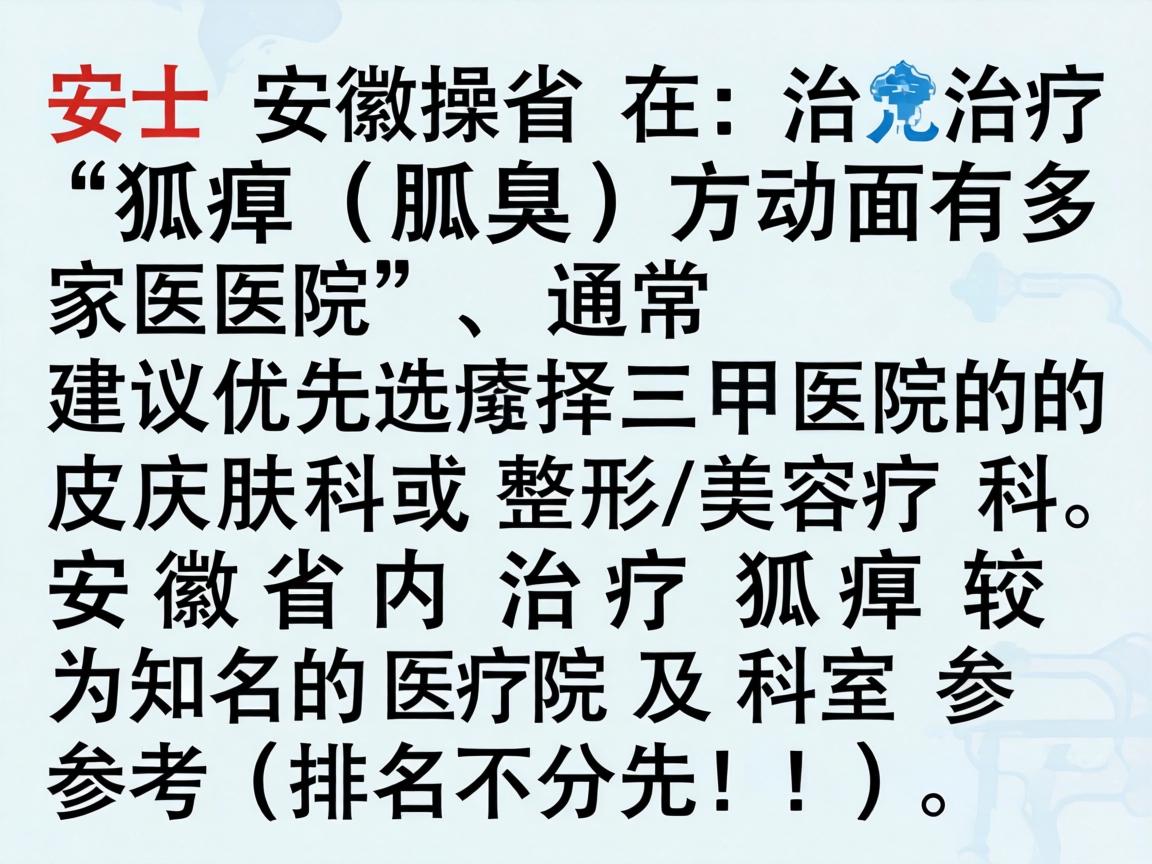 安徽省在治疗狐臭（腋臭）方面有多家医院，通常建议优先选择三甲医院的皮肤科或整形美容科/医疗美容科。以下是安徽省内治疗狐臭较为知名的医院及科室参考（排名不分先后）