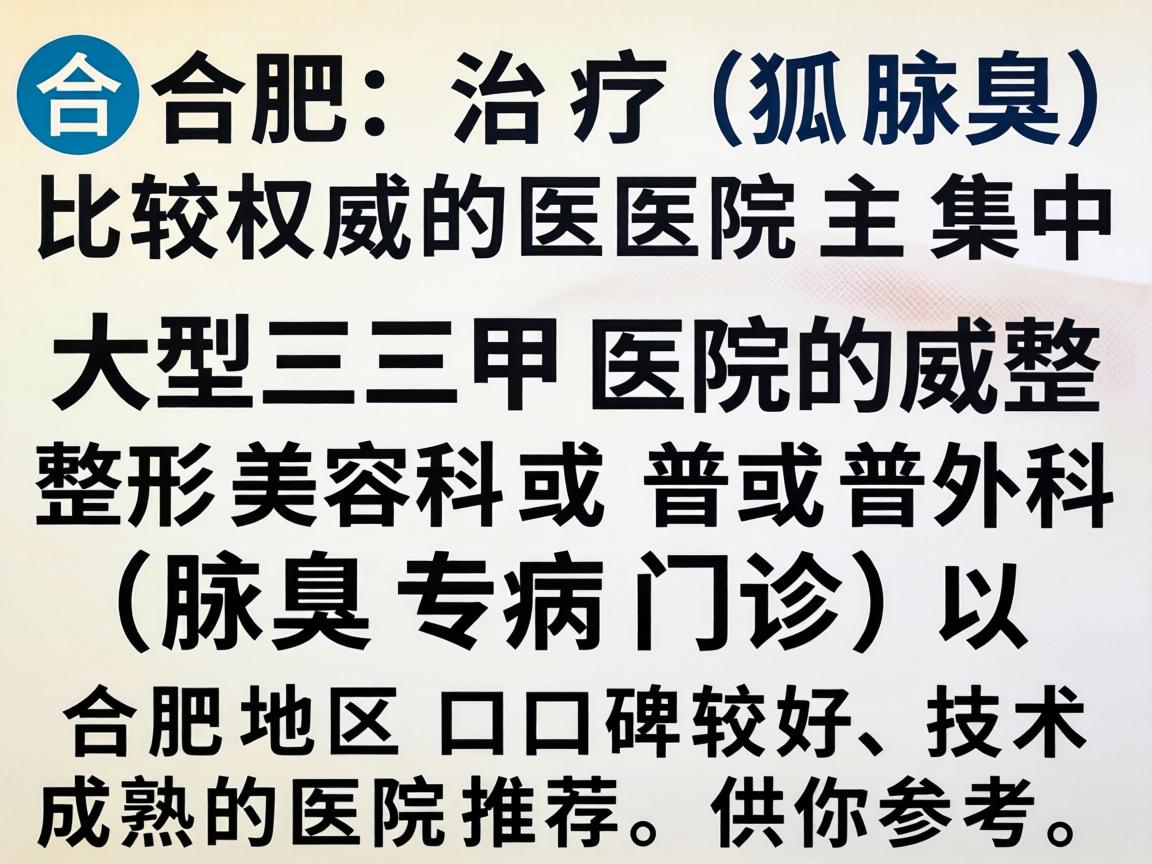 在合肥，治疗狐臭（腋臭）比较权威的医院主要集中在大型三甲医院的整形美容科或普外科（腋臭专病门诊）以下是合肥地区口碑较好、技术成熟的医院推荐，供你参考