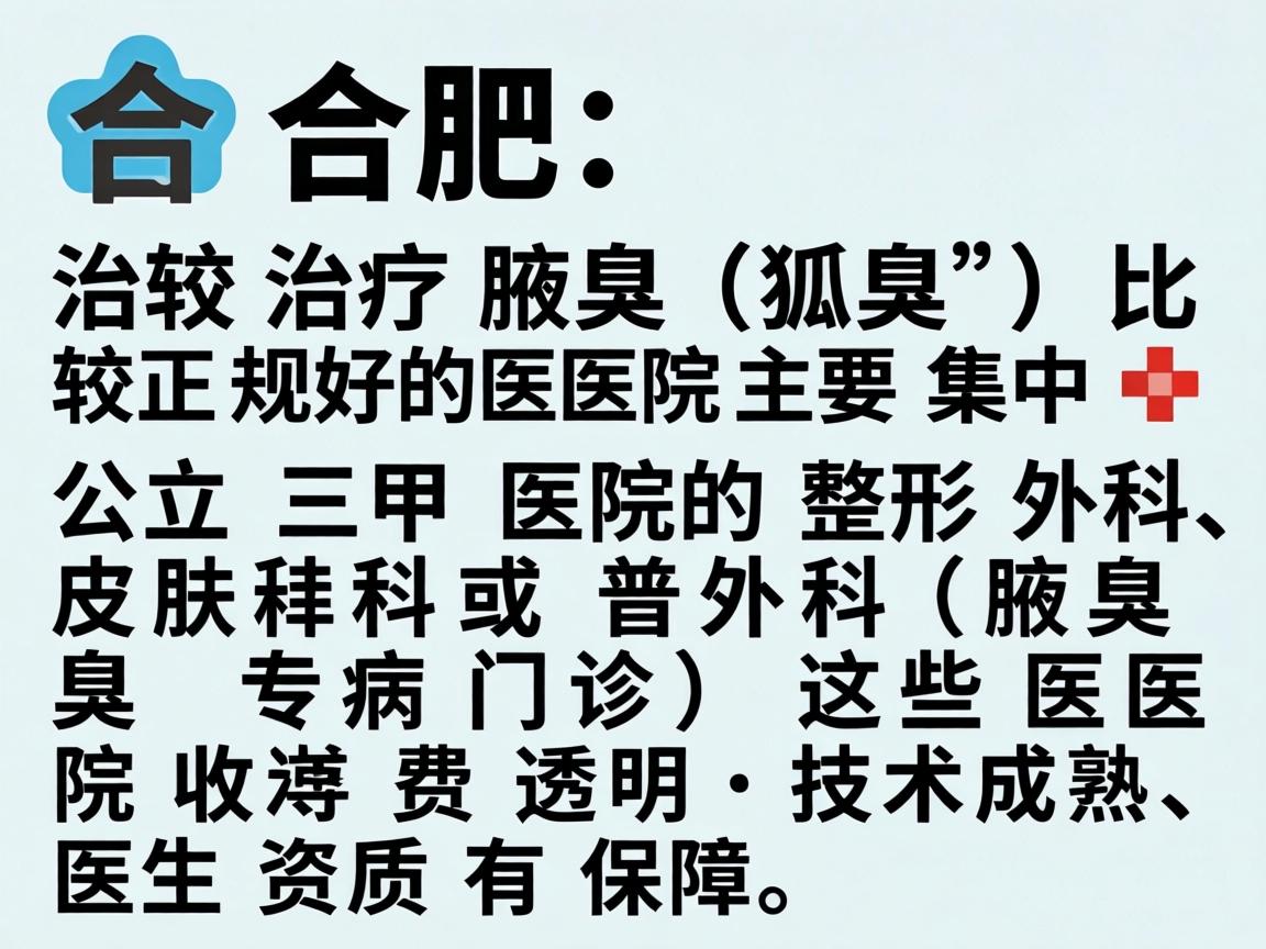在合肥，治疗腋臭（狐臭）比较正规的医院主要集中在公立三甲医院的整形外科、皮肤科或普外科（腋臭专病门诊）这些医院收费透明、技术成熟、医生资质有保障