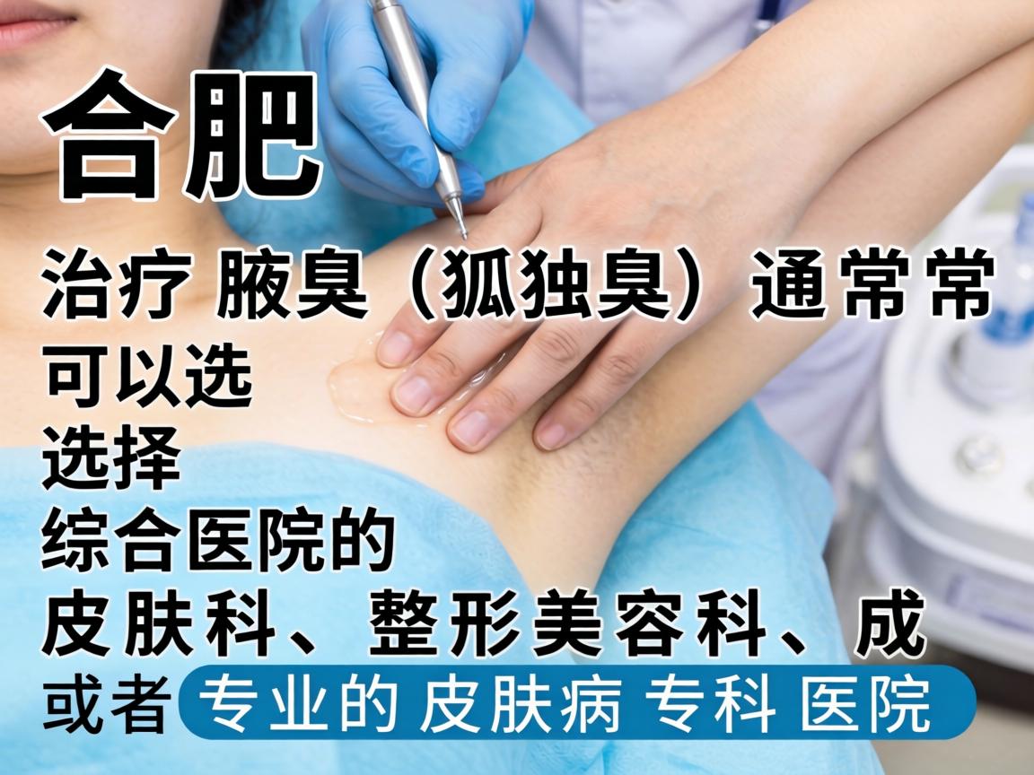 在合肥,治疗腋臭(狐臭)通常可以选择综合医院的皮肤科、整形美容科,或者专业的皮肤病专科医院 在合肥,治疗腋臭(狐臭)通常可以选择综合医院的皮肤科、整形美容科,或者专业的皮肤病专科医院