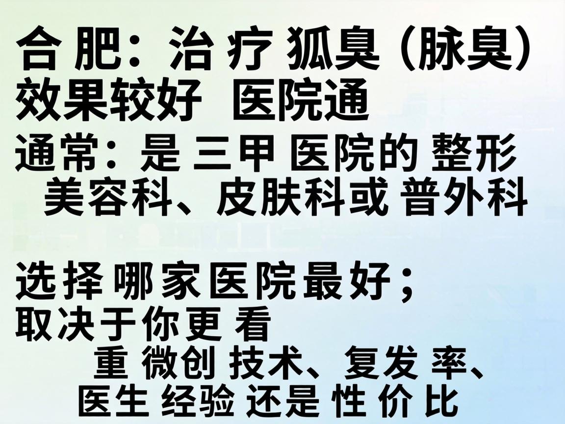 在合肥，治疗狐臭（腋臭）效果较好的医院通常是三甲医院的整形美容科、皮肤科或普外科。选择哪家医院最好，取决于你更看重微创技术、复发率、医生经验还是性价比