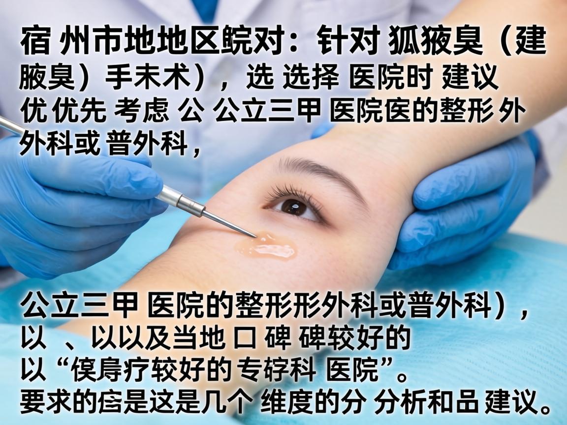 在宿州地区,针对狐臭(腋臭)手术,选择医院时建议优先考虑公立三甲医院的整形外科或普外科,以及当地口碑较好的专科医院。以下是几个维度的分析和建议 在宿州地区,针对狐臭(腋臭)手术,选择医院时建议优先考虑公立三甲医院的整形外科或普外科,以及当地口碑较好的专科医院。以下是几个维度的分析和建议