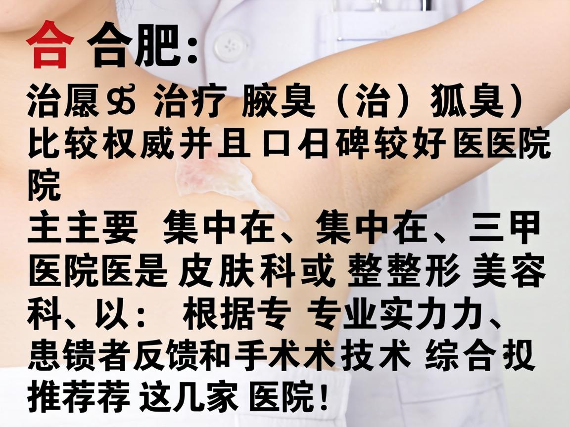在合肥,治疗腋臭(狐臭)比较权威且口碑较好的医院主要集中在三甲医院的皮肤科或整形美容科。以下是根据专业实力、患者反馈和手术技术综合推荐的几家医院 在合肥,治疗腋臭(狐臭)比较权威且口碑较好的医院主要集中在三甲医院的皮肤科或整形美容科。以下是根据专业实力、患者反馈和手术技术综合推荐的几家医院