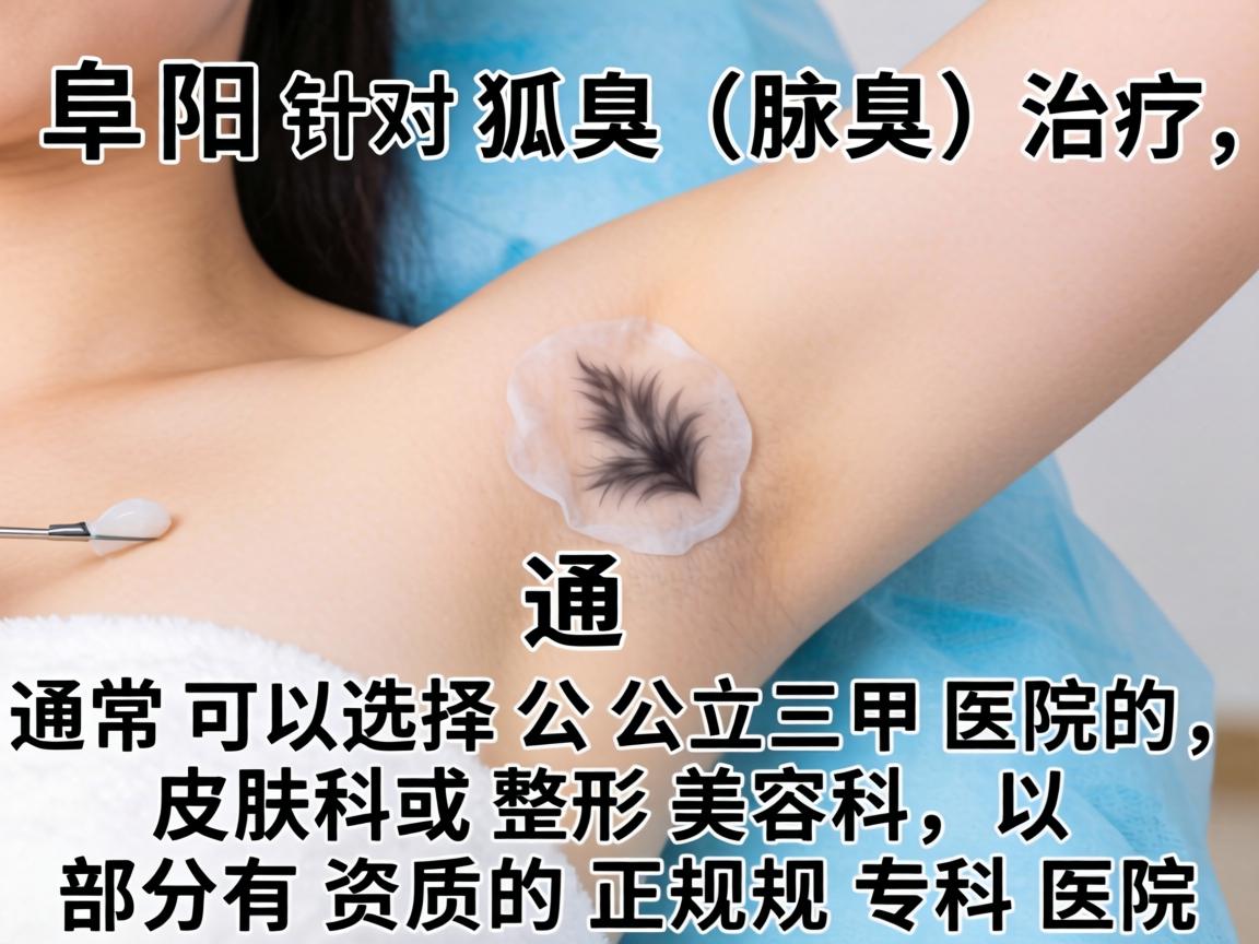 在阜阳,针对狐臭(腋臭)的治疗,通常可以选择公立三甲医院的皮肤科或整形美容科,以及部分有资质的正规专科医院 在阜阳,针对狐臭(腋臭)的治疗,通常可以选择公立三甲医院的皮肤科或整形美容科,以及部分有资质的正规专科医院