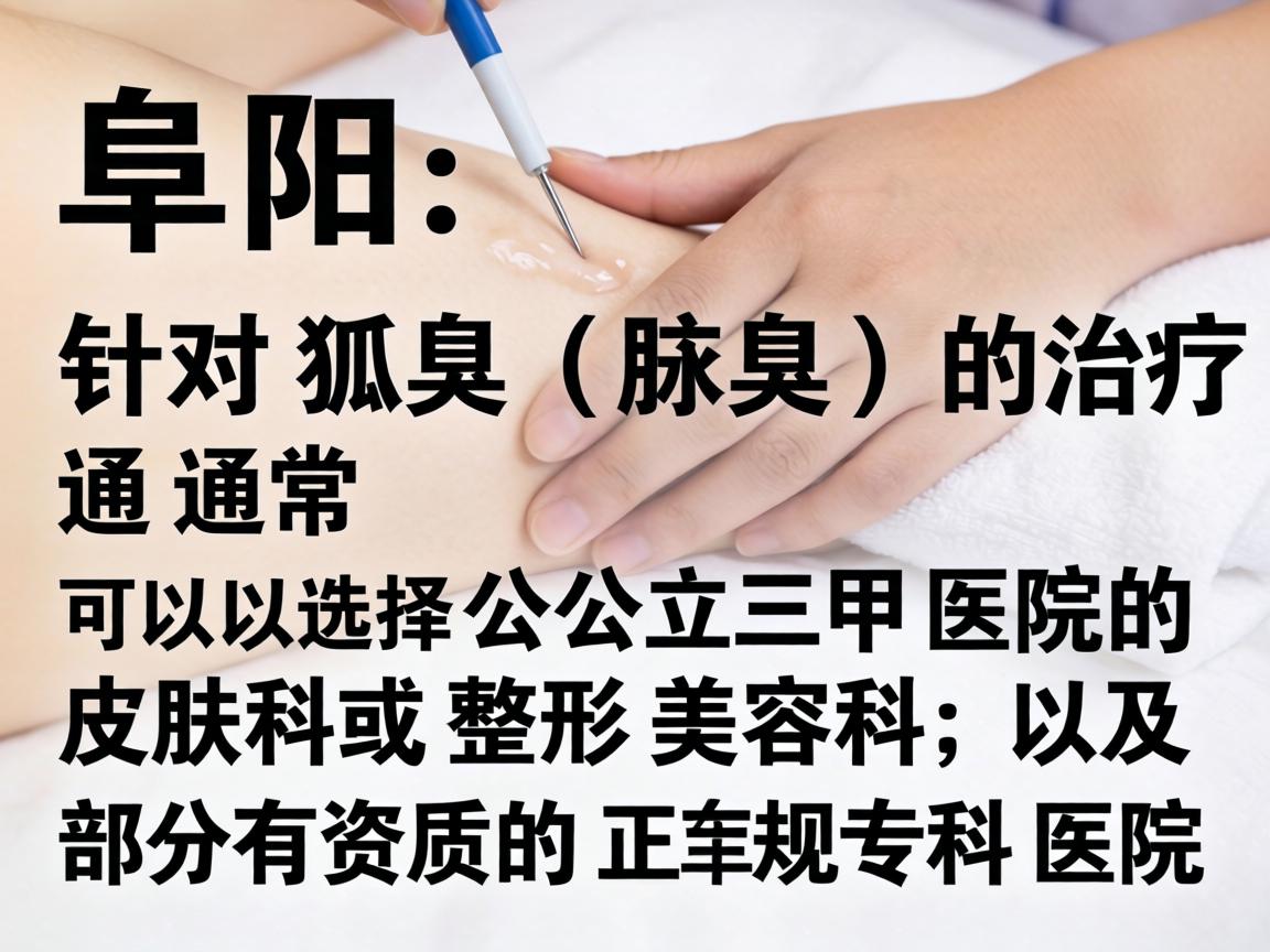 在阜阳,针对狐臭(腋臭)的治疗,通常可以选择公立三甲医院的皮肤科或整形美容科,以及部分有资质的正规专科医院 在阜阳,针对狐臭(腋臭)的治疗,通常可以选择公立三甲医院的皮肤科或整形美容科,以及部分有资质的正规专科医院