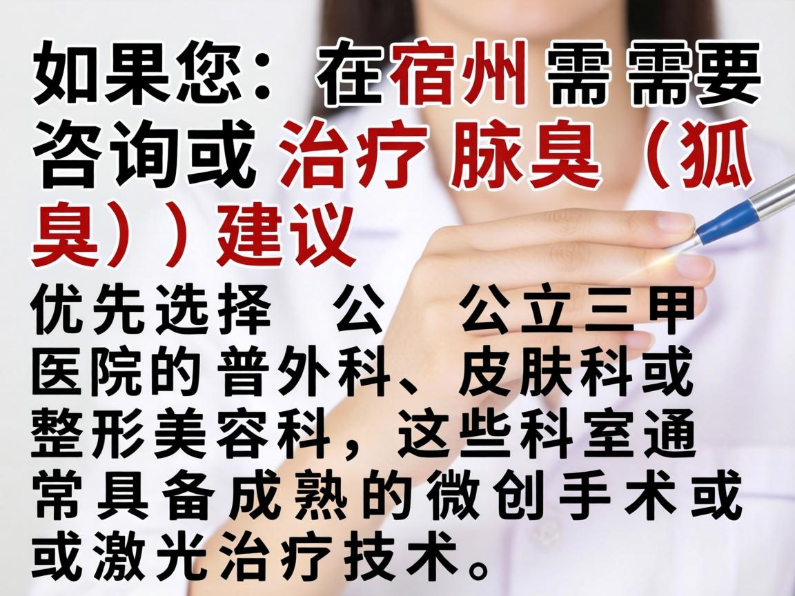 如果您在宿州需要咨询或治疗腋臭（狐臭）建议优先选择公立三甲医院的普外科、皮肤科或整形美容科，这些科室通常具备成熟的微创手术或激光治疗技术