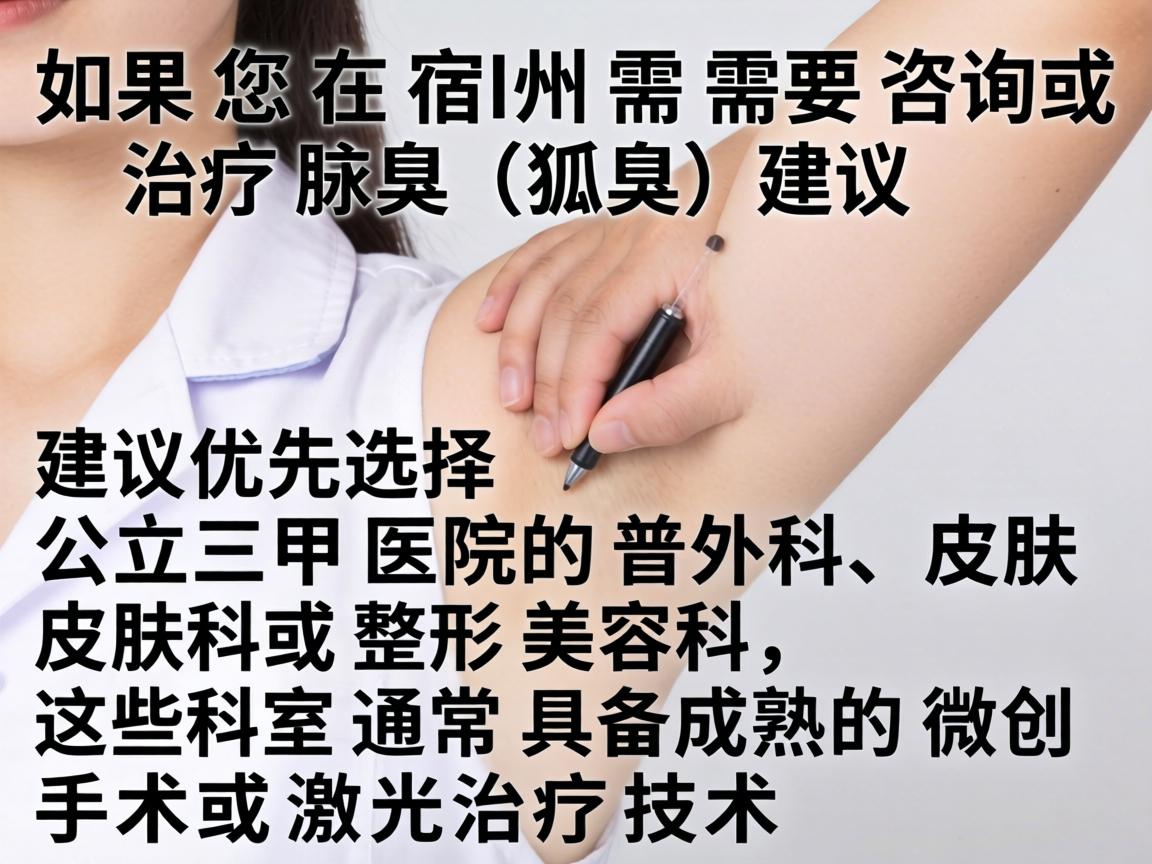 如果您在宿州需要咨询或治疗腋臭（狐臭）建议优先选择公立三甲医院的普外科、皮肤科或整形美容科，这些科室通常具备成熟的微创手术或激光治疗技术