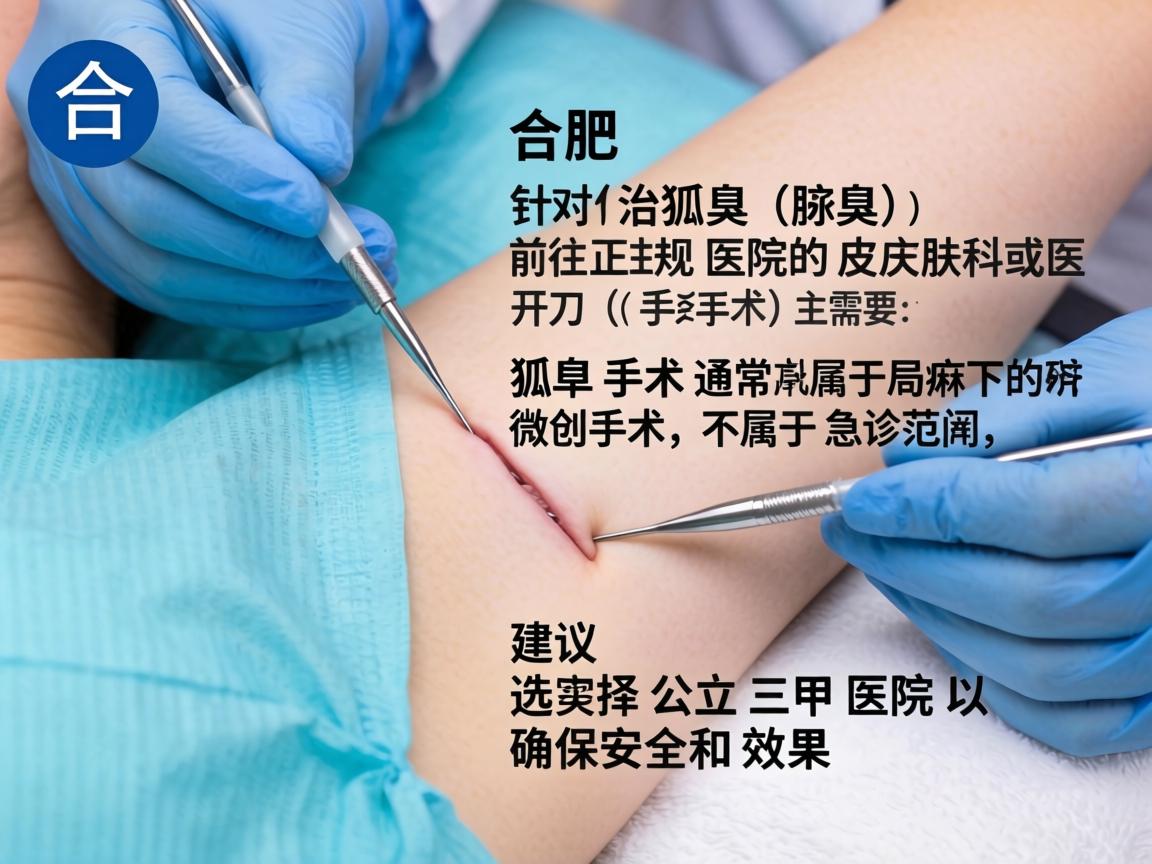 在合肥，针对狐臭（腋臭）的治疗和开刀（手术）主要需要前往正规医院的皮肤科或医疗美容科。狐臭手术通常属于局麻下的微创手术，不属于急诊范畴，建议选择公立三甲医院以确保安全和效果