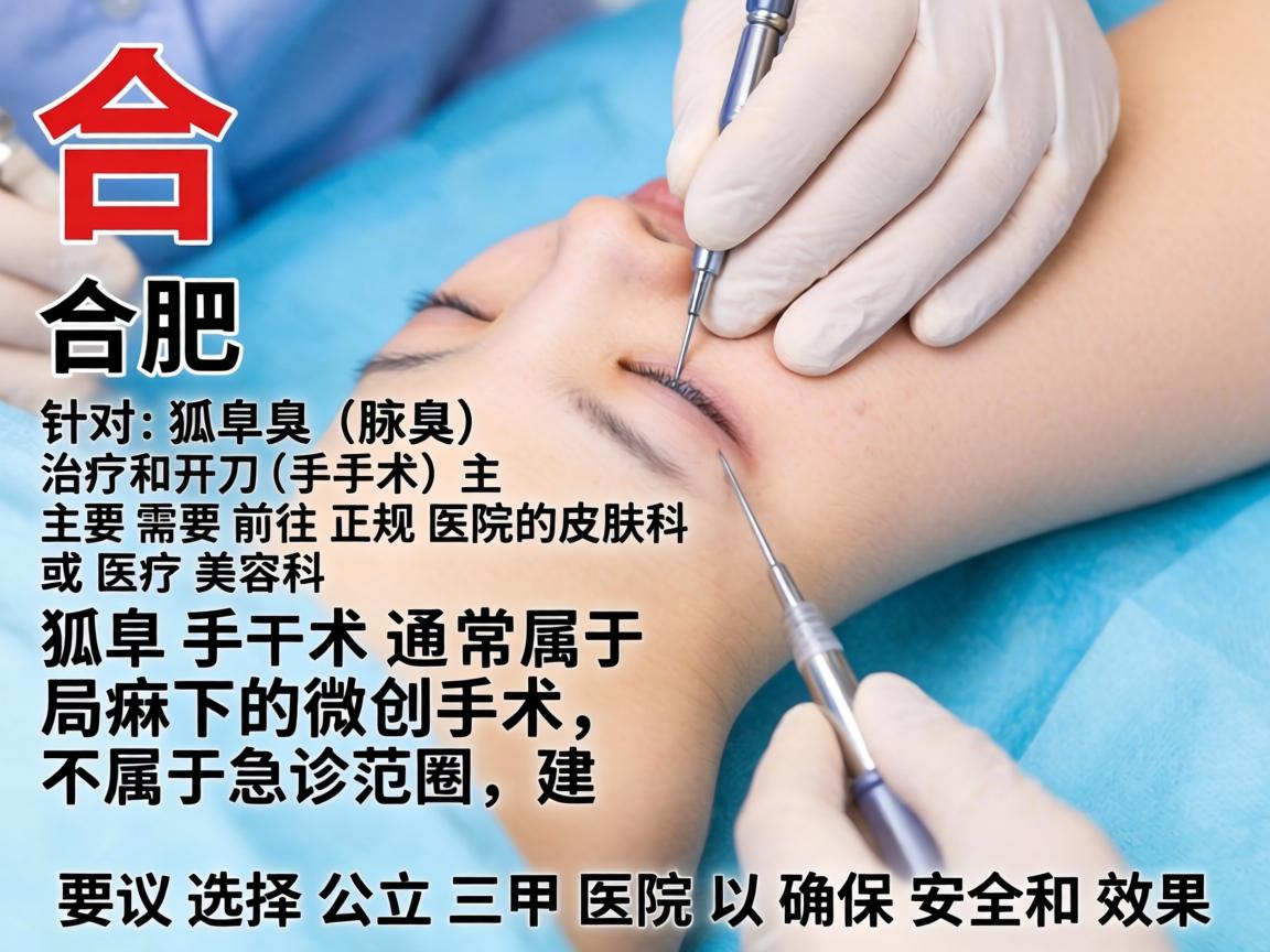 在合肥，针对狐臭（腋臭）的治疗和开刀（手术）主要需要前往正规医院的皮肤科或医疗美容科。狐臭手术通常属于局麻下的微创手术，不属于急诊范畴，建议选择公立三甲医院以确保安全和效果