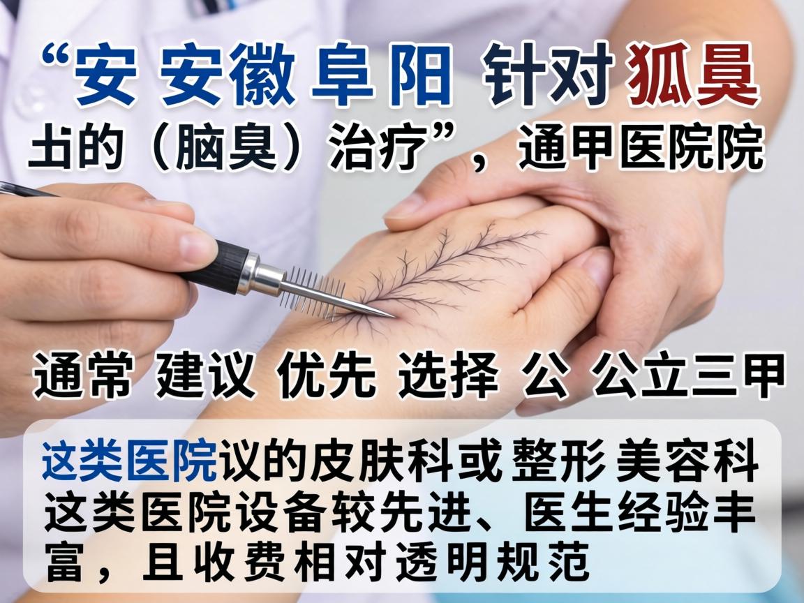 在安徽阜阳，针对狐臭（腋臭）的治疗，通常建议优先选择公立三甲医院的皮肤科或整形美容科。这类医院设备较先进、医生经验丰富，且收费相对透明规范