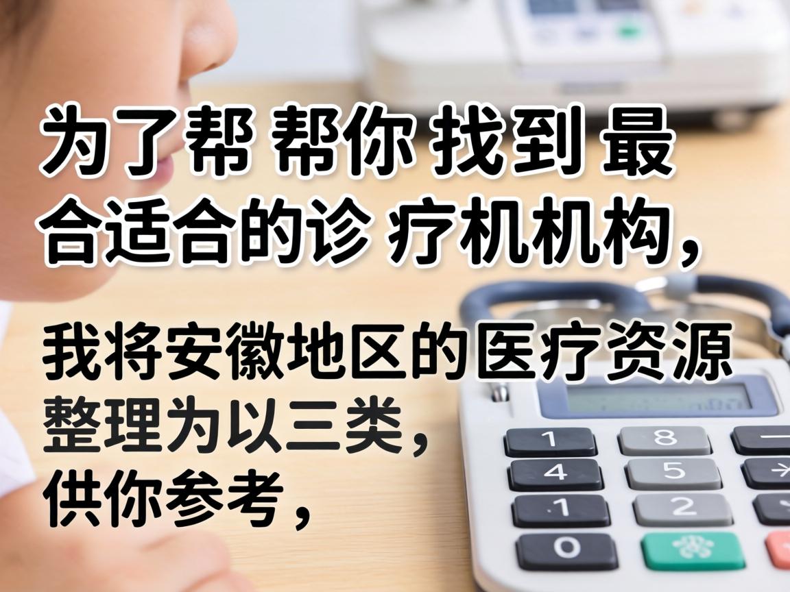 为了帮你找到最合适的诊疗机构,我将安徽地区的医疗资源整理为以下三类,供你参考 为了帮你找到最合适的诊疗机构,我将安徽地区的医疗资源整理为以下三类,供你参考