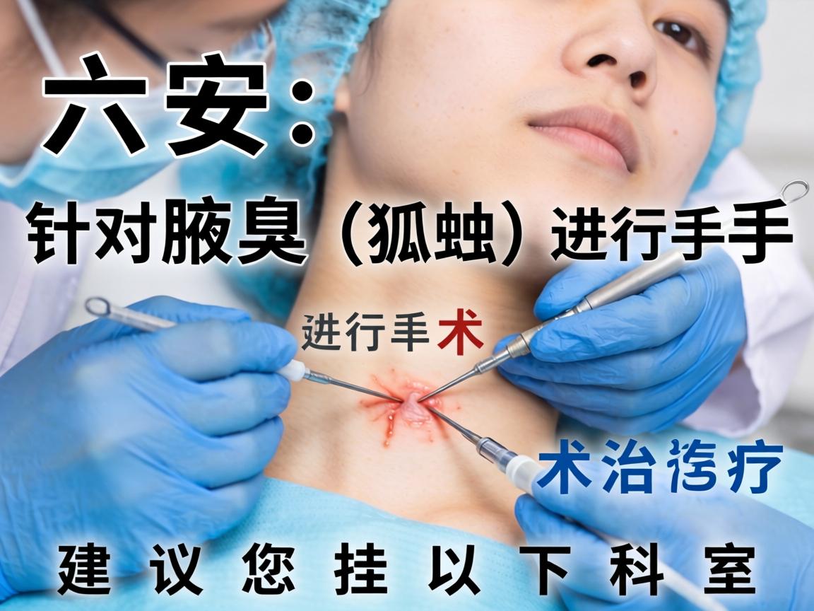 在六安,针对腋臭(狐臭)进行手术治疗,建议您挂以下科室 在六安,针对腋臭(狐臭)进行手术治疗,建议您挂以下科室