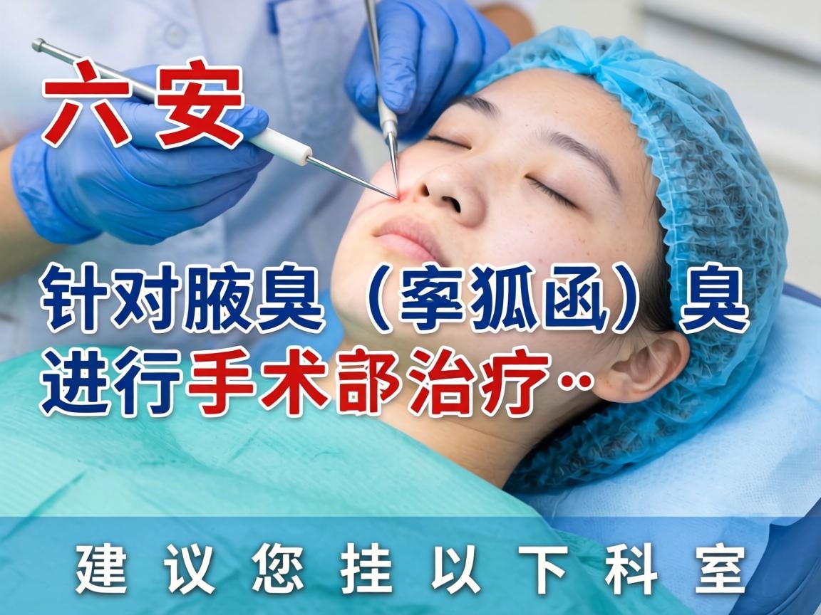 在六安,针对腋臭(狐臭)进行手术治疗,建议您挂以下科室 在六安,针对腋臭(狐臭)进行手术治疗,建议您挂以下科室