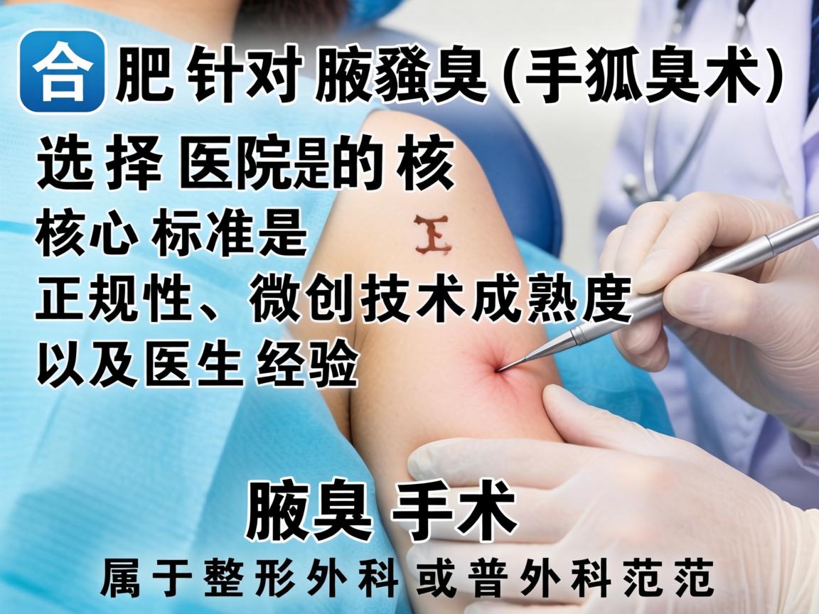 在合肥，针对腋臭（狐臭）手术，选择医院的核心标准是正规性、微创技术成熟度以及医生经验。腋臭手术属于整形外科或普外科范畴