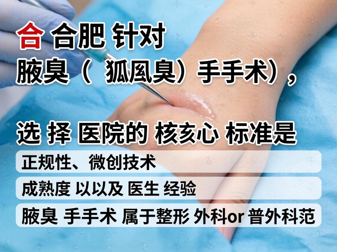 在合肥，针对腋臭（狐臭）手术，选择医院的核心标准是正规性、微创技术成熟度以及医生经验。腋臭手术属于整形外科或普外科范畴