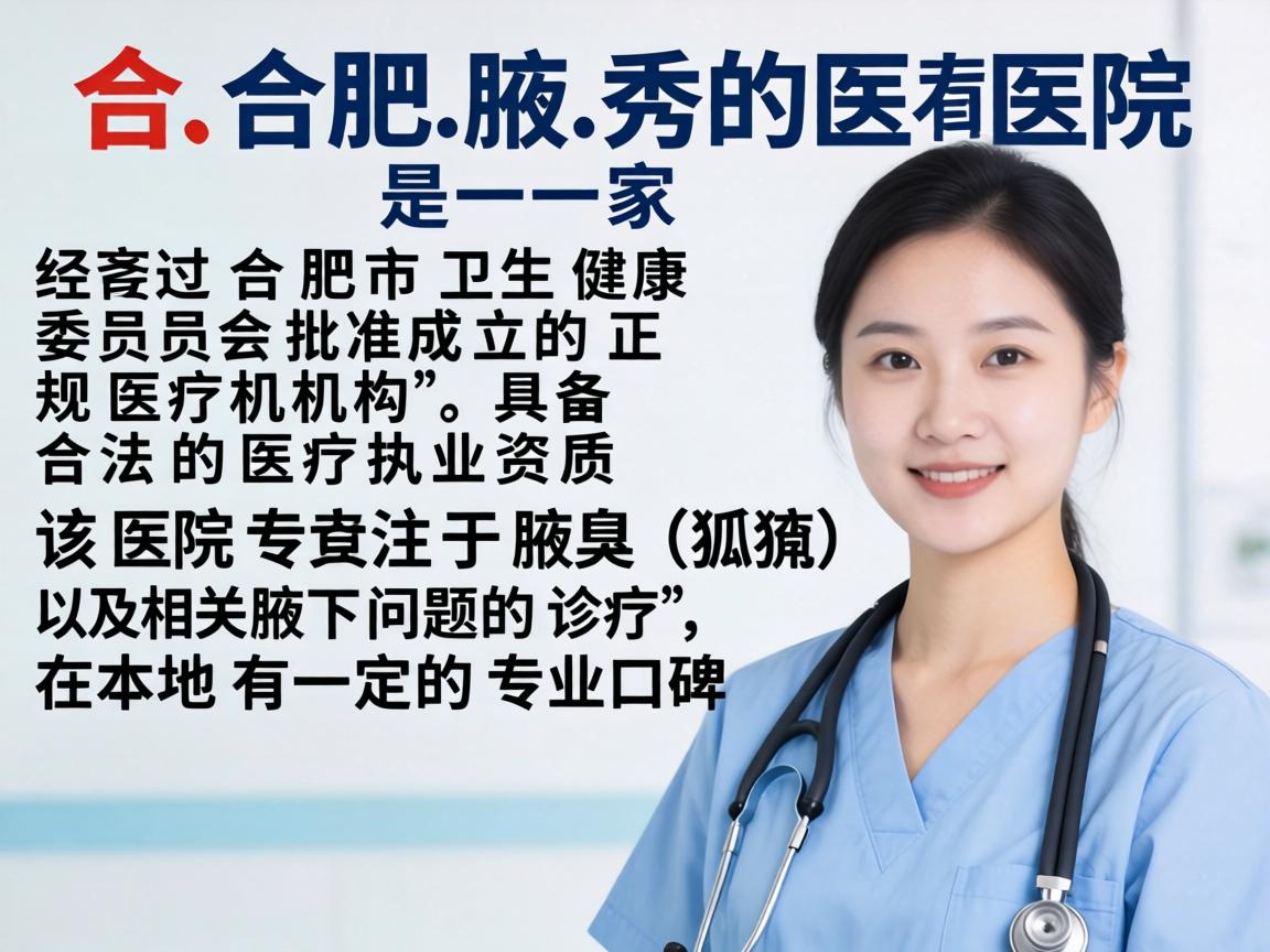 合肥腋秀医院是一家经过合肥市卫生健康委员会批准成立的正规医疗机构，具备合法的医疗执业资质。该医院专注于腋臭（狐臭）及相关腋下问题的诊疗，在本地有一定的专业口碑