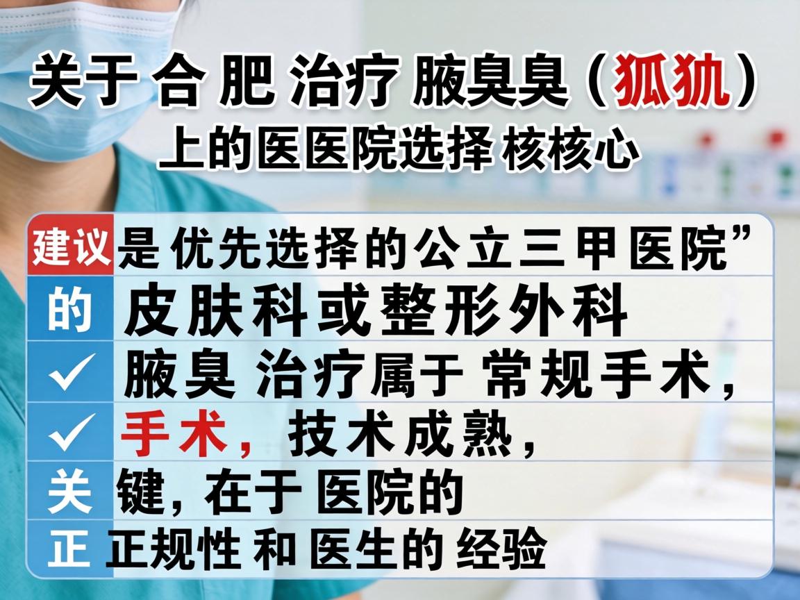 关于合肥治疗腋臭(狐臭)的医院选择,核心建议是优先选择公立三甲医院的皮肤科或整形外科。腋臭治疗属于常规手术,技术成熟,关键在于医院的正规性和医生的经验 关于合肥治疗腋臭(狐臭)的医院选择,核心建议是优先选择公立三甲医院的皮肤科或整形外科。腋臭治疗属于常规手术,技术成熟,关键在于医院的正规性和医生的经验