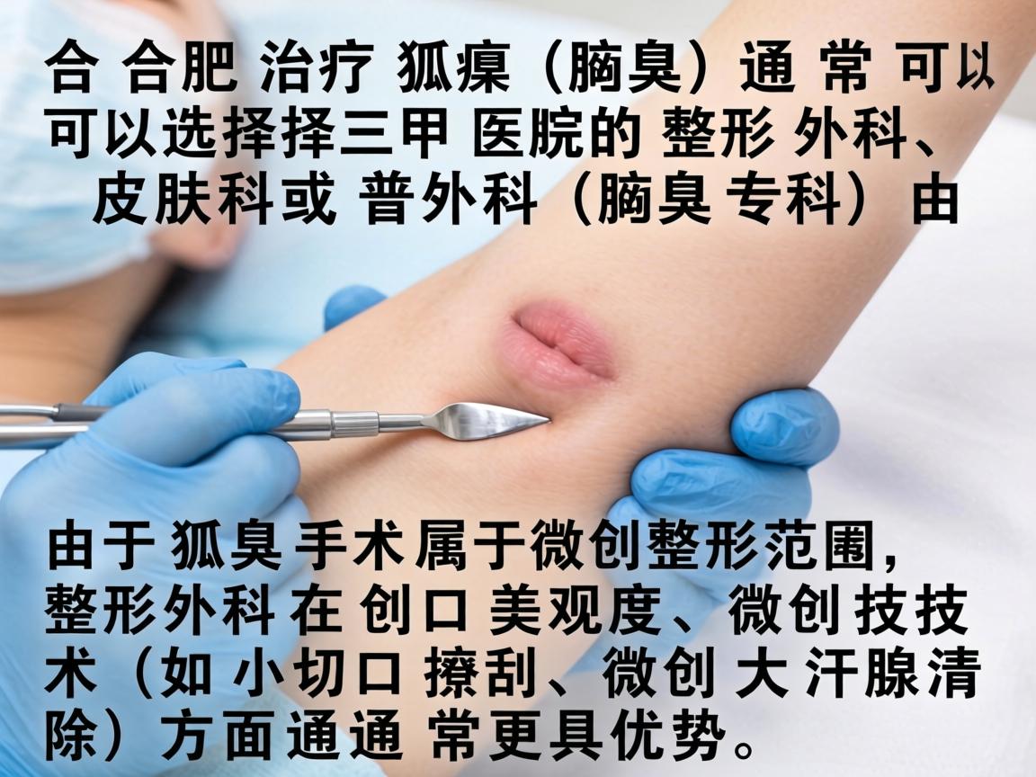 在合肥，治疗狐臭（腋臭）通常可以选择三甲医院的整形外科、皮肤科或普外科（腋臭专科）由于狐臭手术属于微创整形范畴，整形外科在创口美观度和微创技术（如小切口搔刮、微创大汗腺清除）方面通常更具优势