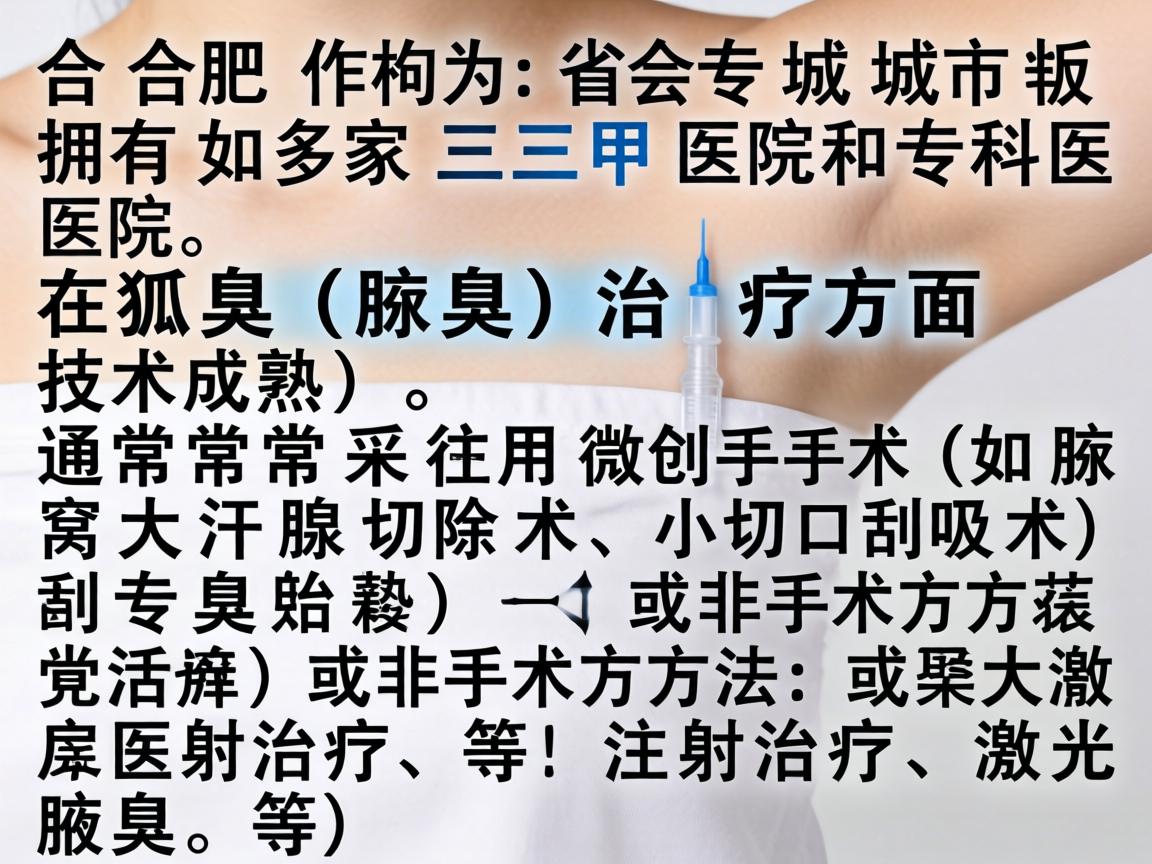 合肥作为省会城市，拥有多家三甲医院和专科医院，在狐臭（腋臭）治疗方面技术成熟，通常采用微创手术（如腋窝大汗腺切除术、小切口刮吸术）或非手术方法（如注射治疗、激光治疗等）
