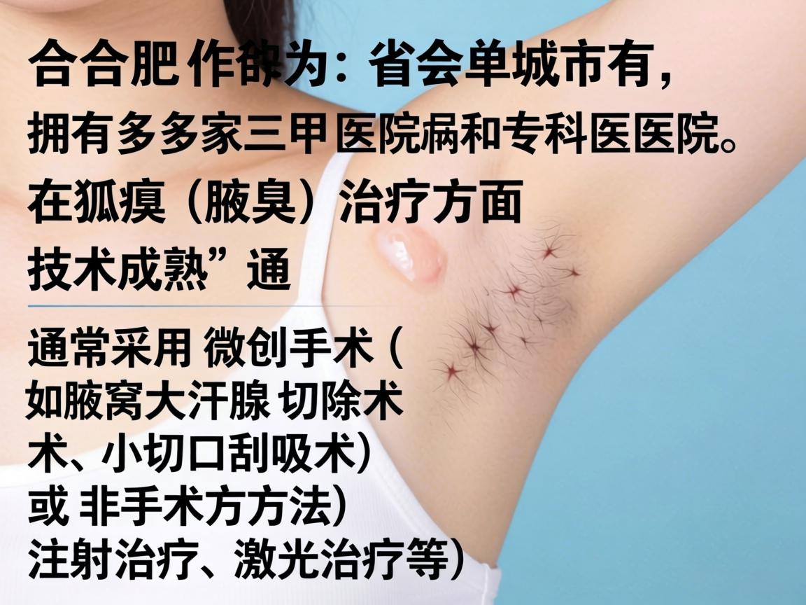 合肥作为省会城市，拥有多家三甲医院和专科医院，在狐臭（腋臭）治疗方面技术成熟，通常采用微创手术（如腋窝大汗腺切除术、小切口刮吸术）或非手术方法（如注射治疗、激光治疗等）