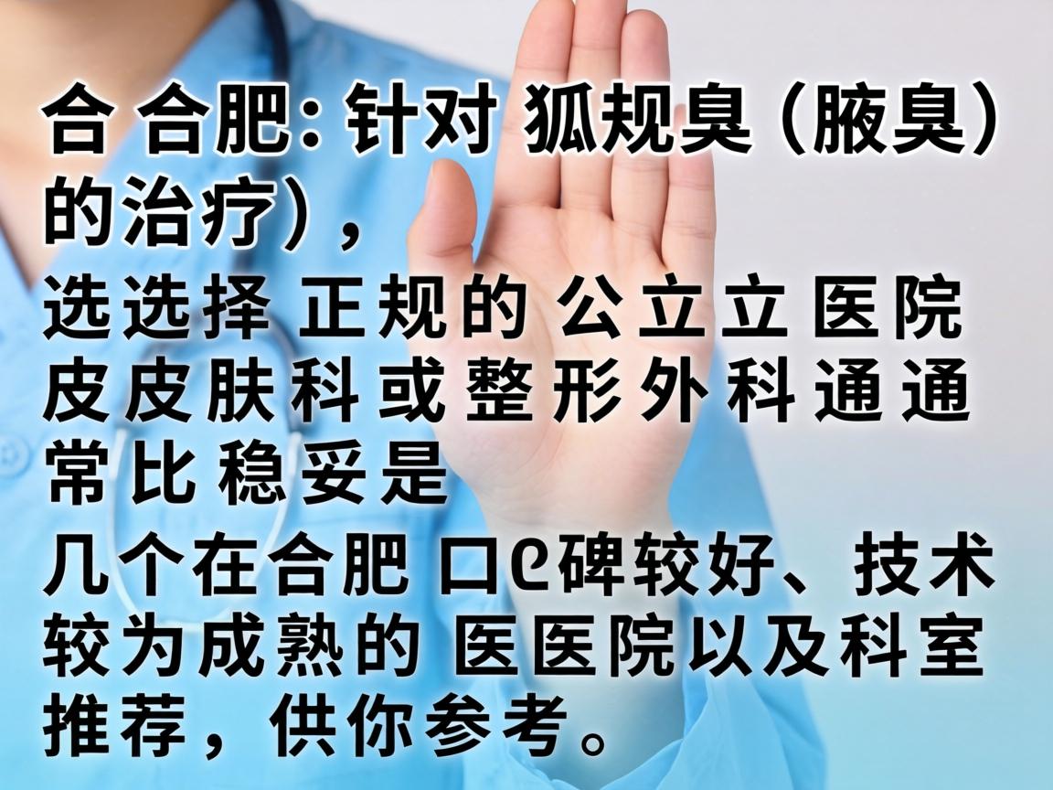 在合肥，针对狐臭（腋臭）的治疗，选择正规的公立医院皮肤科或整形外科通常比较稳妥。以下是几个在合肥口碑较好、技术较为成熟的医院及科室推荐，供你参考