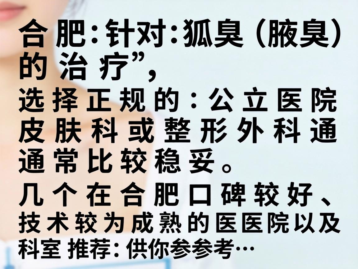 在合肥，针对狐臭（腋臭）的治疗，选择正规的公立医院皮肤科或整形外科通常比较稳妥。以下是几个在合肥口碑较好、技术较为成熟的医院及科室推荐，供你参考