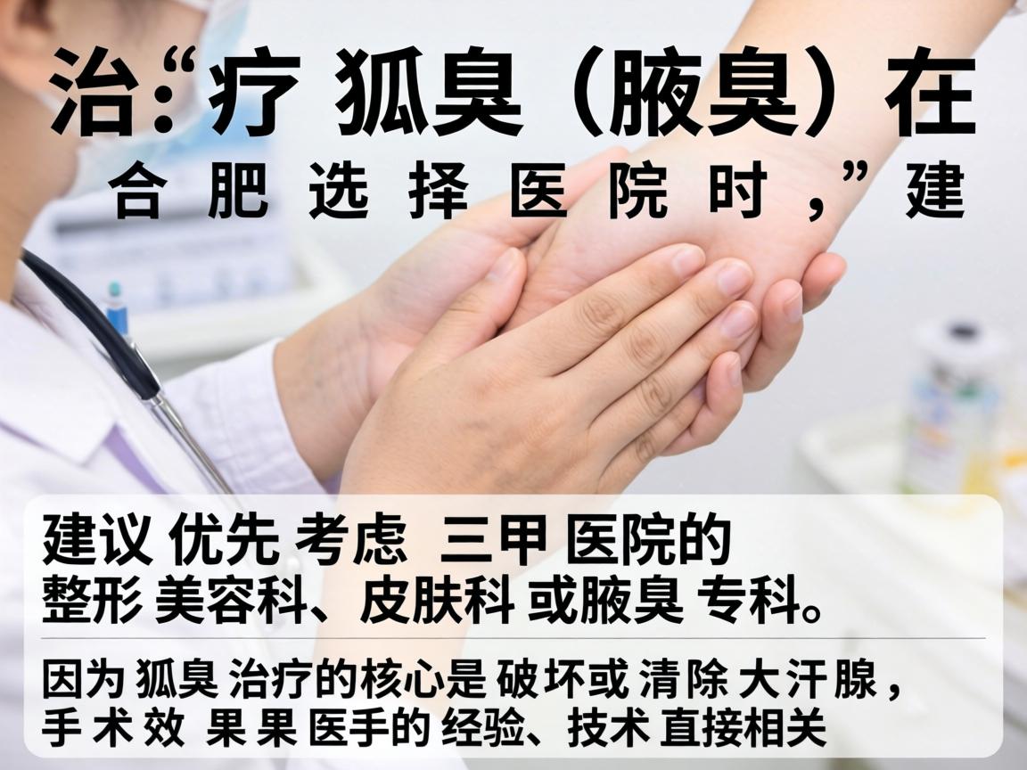 治疗狐臭（腋臭）在合肥选择医院时，建议优先考虑三甲医院的整形美容科、皮肤科或腋臭专科。因为狐臭治疗的核心是破坏或清除大汗腺，手术效果和医生的经验、技术直接相关