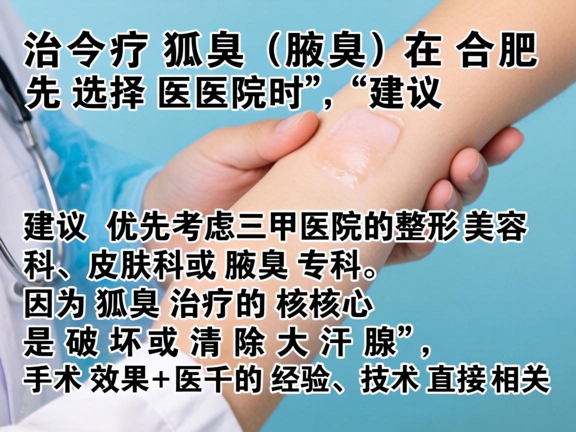 治疗狐臭（腋臭）在合肥选择医院时，建议优先考虑三甲医院的整形美容科、皮肤科或腋臭专科。因为狐臭治疗的核心是破坏或清除大汗腺，手术效果和医生的经验、技术直接相关