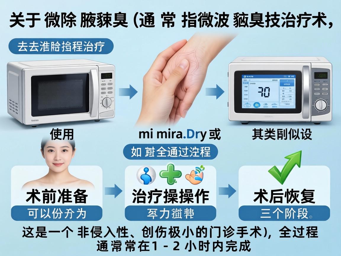 关于微波技术去除腋臭（通常指微波腋臭治疗，如使用miraDry或类似设备）其全过程可以分为术前准备、治疗操作、术后恢复三个阶段。这是一个非侵入性、创伤极小的门诊手术，全过程通常在1-2小时内完成