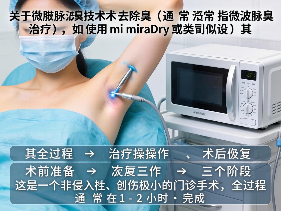 关于微波技术去除腋臭（通常指微波腋臭治疗，如使用miraDry或类似设备）其全过程可以分为术前准备、治疗操作、术后恢复三个阶段。这是一个非侵入性、创伤极小的门诊手术，全过程通常在1-2小时内完成