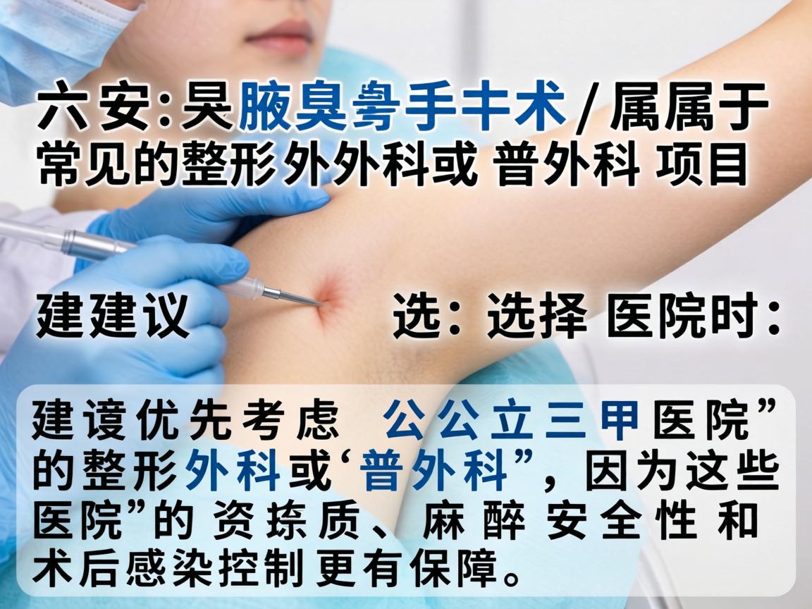 在六安，腋臭手术属于常见的整形外科或普外科项目。选择医院时，建议优先考虑公立三甲医院的整形外科或普外科，因为这些医院的资质、麻醉安全性和术后感染控制更有保障
