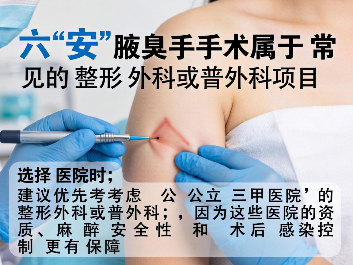 在六安，腋臭手术属于常见的整形外科或普外科项目。选择医院时，建议优先考虑公立三甲医院的整形外科或普外科，因为这些医院的资质、麻醉安全性和术后感染控制更有保障