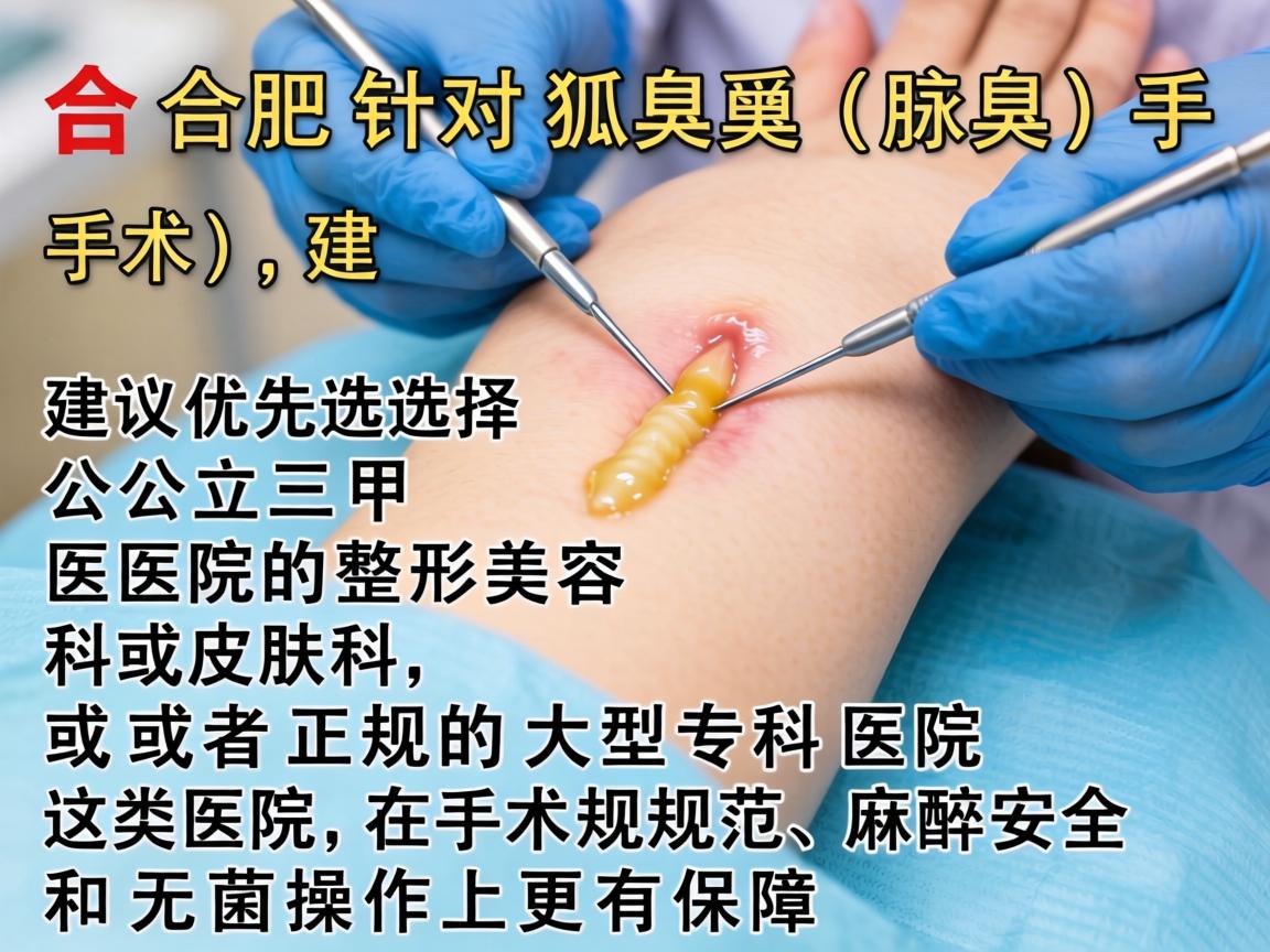 在合肥，针对狐臭（腋臭）手术，建议优先选择公立三甲医院的整形美容科或皮肤科，或者正规的大型专科医院。这类医院在手术规范、麻醉安全和无菌操作上更有保障
