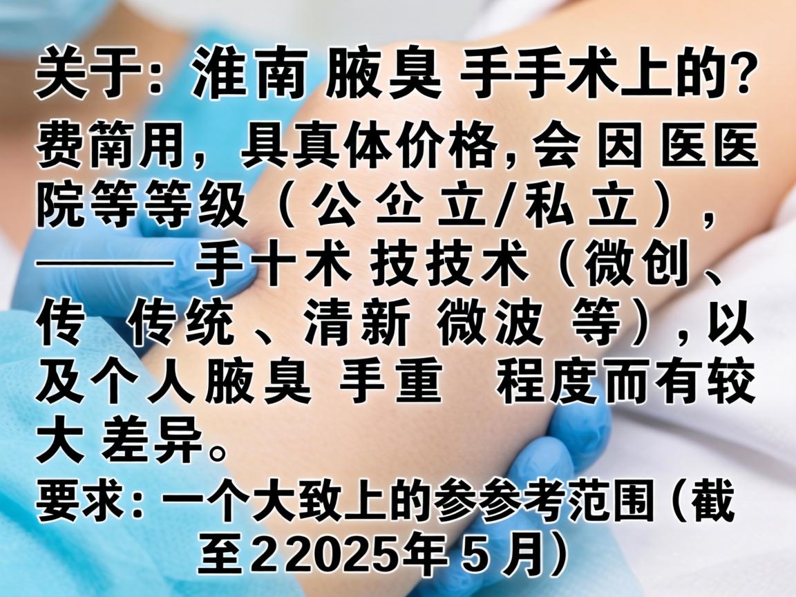 关于淮南腋臭手术的费用，具体价格会因医院等级（公立/私立）手术技术（微创、传统、清新微波等）以及个人腋臭严重程度而有较大差异。以下是一个大致的参考范围（截至2025年5月）