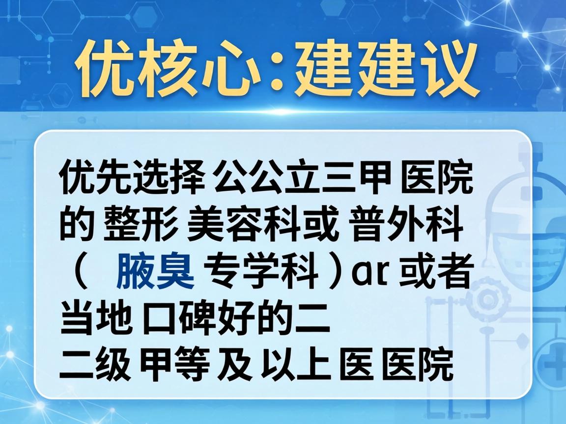 核心建议，优先选择公立三甲医院的整形美容科或普外科（腋臭专科）或者当地口碑好的二级甲等及以上医院