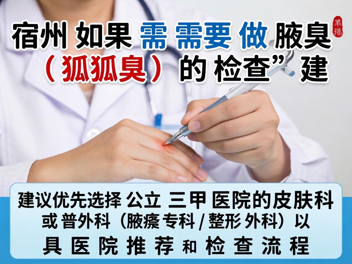 在宿州，如果需要做腋臭（狐臭）的检查，建议优先选择公立三甲医院的皮肤科或普外科（腋臭专科/整形外科）以下是具体的医院推荐和检查流程